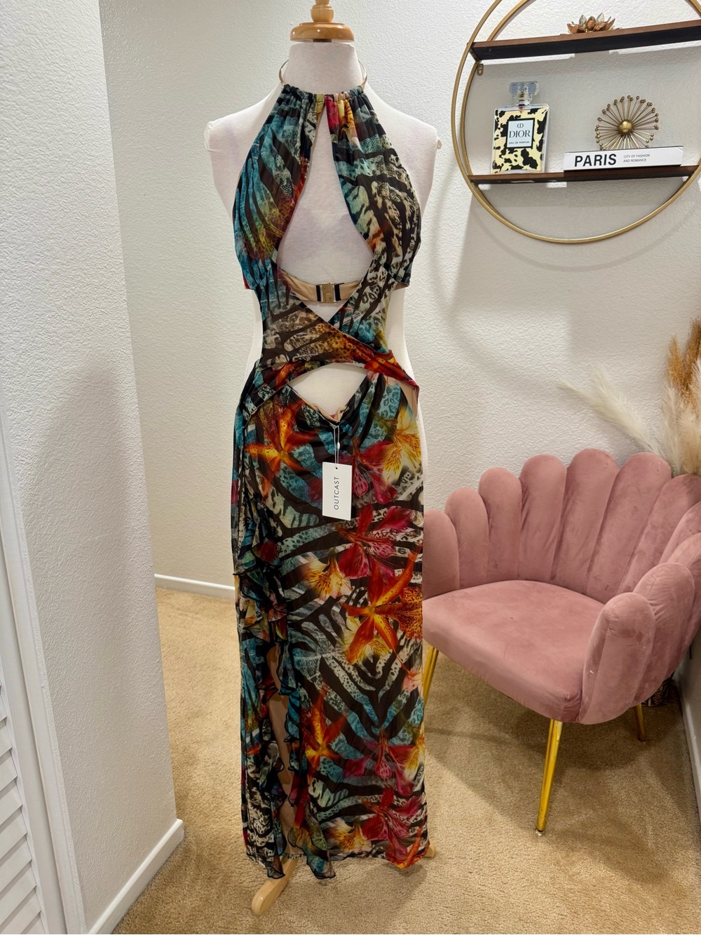 Outcast Tropical Multi-Color Halter Cutout Maxi Dress